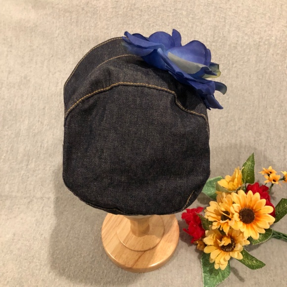 NWOT - Black Denim Bucket Hat with Blue Silk Flower Adornment - Picture 5 of 16